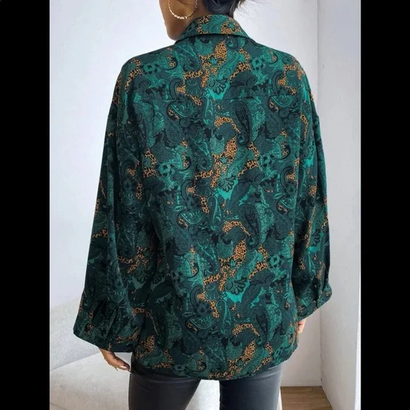 Boho Floral Paisley Print Button Down Shirt Top Blouse Green - Picture 4 of 5